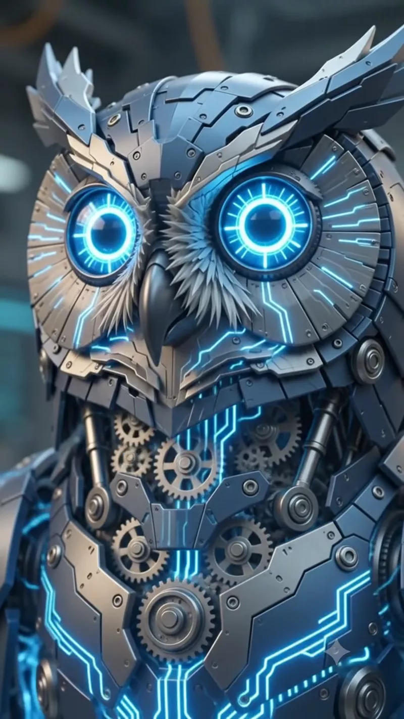 شعار البومة الآلية لـ CEZERİ ROBOTECH وهو يتشكّل من التروس ليصبح كتلة ميكانيكية متكاملة